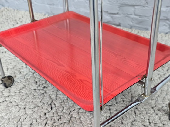 Image 1 of Vintage Foldable and Mobile Chrome Steel ‘Dinett’ Serving Trolley with 2 Red Layers by Gerlinol, Germany, 1970s. 