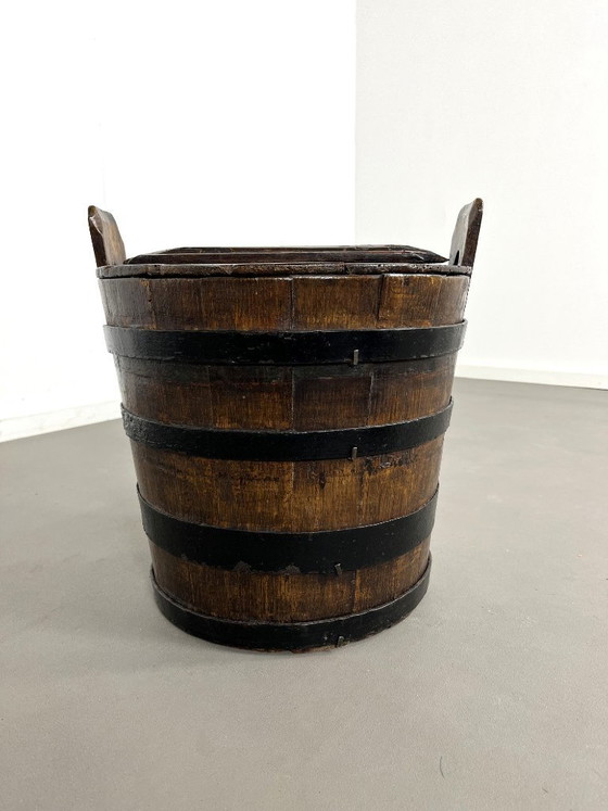 Image 1 of Antique, rustic wooden barrel with lid, Sweden, 1920s.