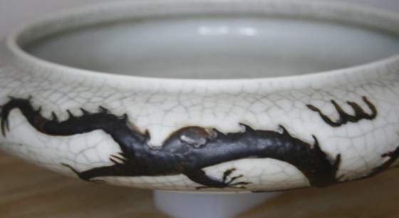 Vintage Chinese Penseelwasser / Schaal – Ge-Ware Stijl Met Draken – Schalen, Ceramic (photo 3 of 6)