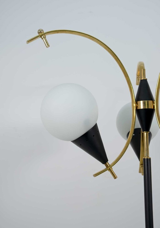 Image 1 of Stilnovo Mid-Century Modern Italian Brass and Opaline Glass Floor Lamp, 1950s