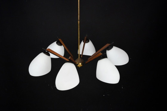 Image 1 of Italian Mid-Century six arms chandelier in the manner of Stilnovo. Italy 1950s.