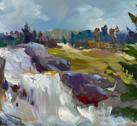 Image 1 of Original Oil Painting Coastal Rock Landscape Mountain waterfall