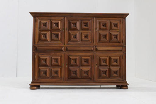 Vintage Spanish Brutalist high cabinet in carved solid wood
