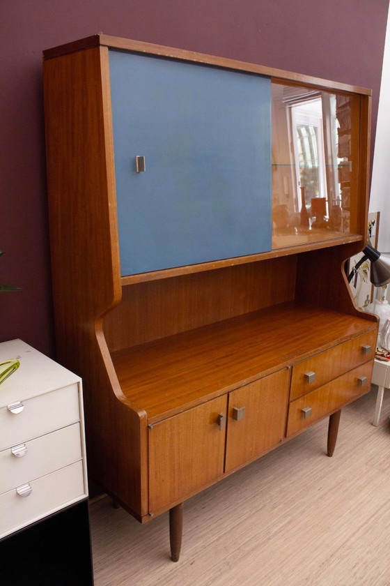 Image 1 of Jaren 50 buffetkast met blauwe en glazen schuifdeur