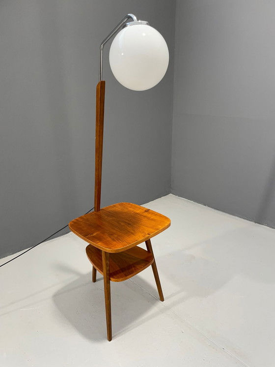 Image 1 of Art Deco Floor Lamp with Milk Glass and Side Table, 1950s – Czechoslovakia