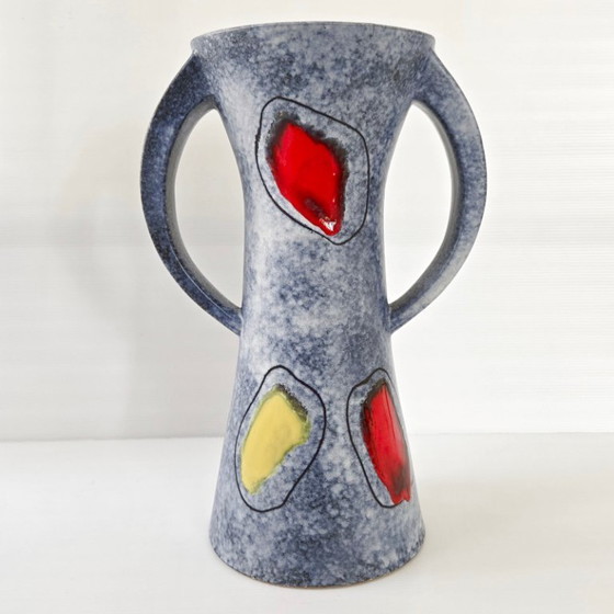 Image 1 of IMPORTANT VINTAGE 1950 VASE WITH 2 HANDLES, RED & YELLOW CERAMIC, 50S ROCKABILLY