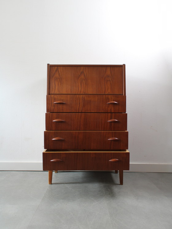 Image 1 of Vintage Danish chest of drawers in teak with flap and mirror !