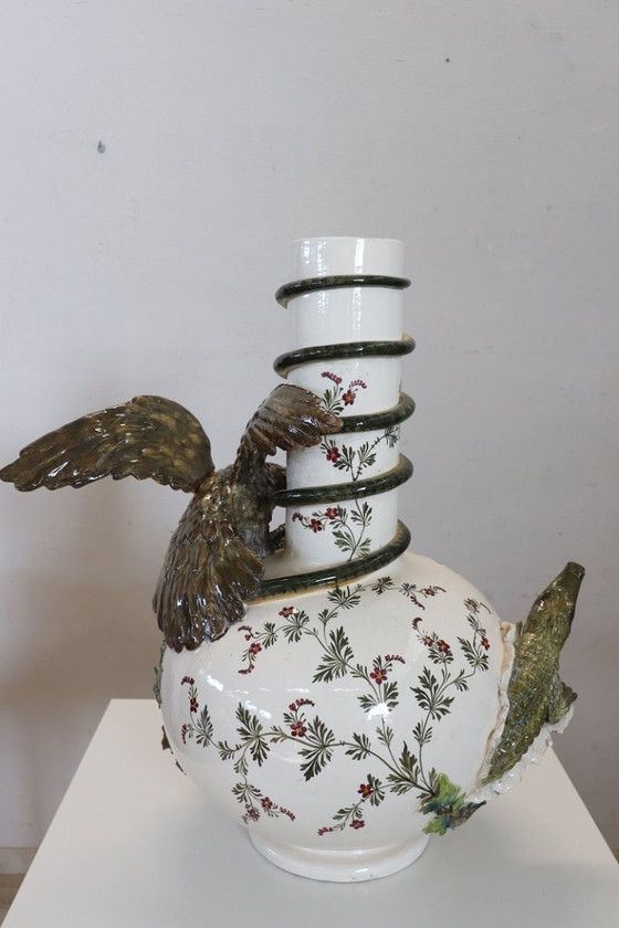 Image 1 of Majestic Ceramic Vase with Eagle and Crocodile, Italy Early 20th Century
