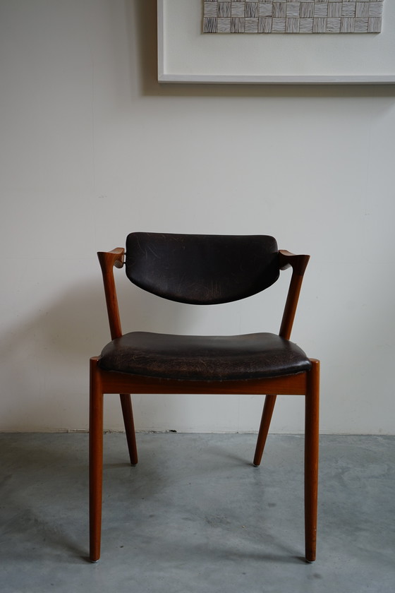 Image 1 of 6 Kai Kristiansen stoelen | Model 42 | Teak Leder patina