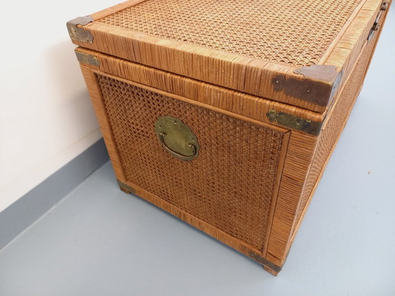 Image 1 of Baule vintage in legno, rattan, paglia e ottone