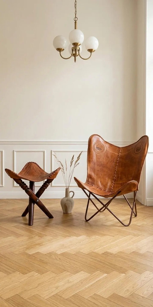 Leather Butterfly Chair / Hand-Tooled Elephant Motif / Bohemian Statement Piece / Excellent Condition with ottoman