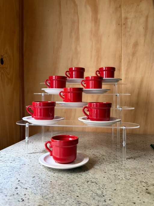 Set vintage di tazzine e piattini da caffè espresso Huizen Holland rossi | Ceramiche olandesi MCM | Arredamento cucina MCM