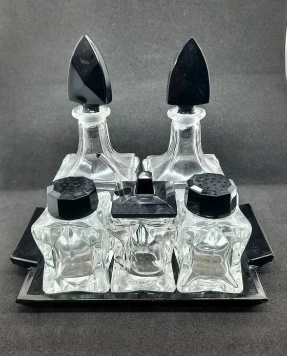 Image 1 of Juego de vinagreras Art Déco de lujo de 6 piezas: pimienta, sal, vinagre, aceite y mostaza