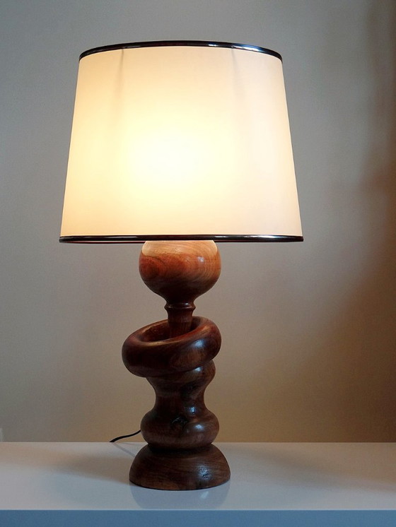 Image 1 of Impressive vintage Scandinavian style lamp, designed in carved turned wood with a ring