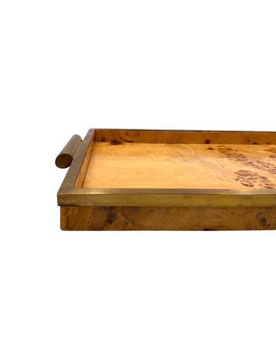 Image 1 of Hollywood regency brass & burl tray, Italy 1970s