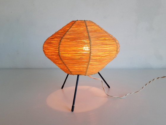 Image 1 of Refined vintage tripod raffia table lamp, mcm table lamp