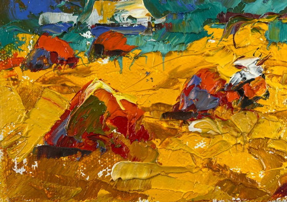 Image 1 of Original Oil Painting Autumn Evening Landscape Noon on the field