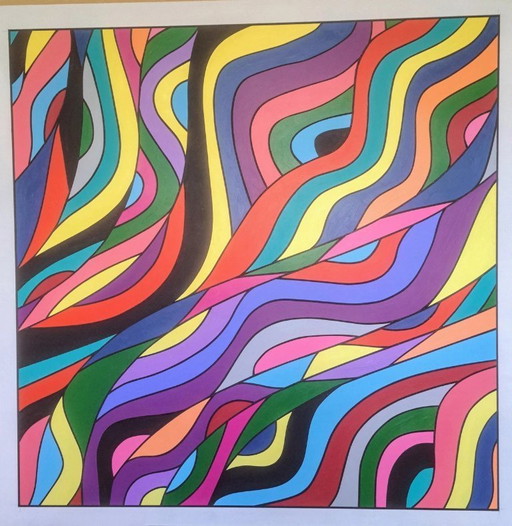 Courants Sauvages” – kleurrijk abstract schilderij van Franklin van Dam – Acryl op MDF – 95 × 95 cm