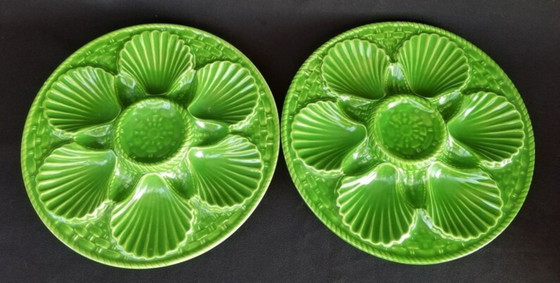 Image 1 of Set of 4 Vintage French Green Oyster Plates | Majolica Style Ceramic Seafood Serving Plates