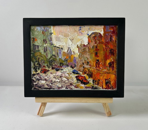 Original Oil Painting Gloomy Street Landscape City in the morning
