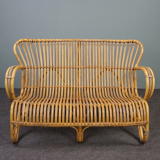 Divano a 2 posti Belse 8 in rattan di metà secolo, design olandese, 1950