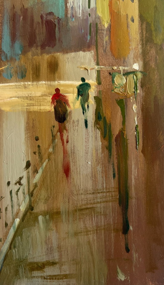 Image 1 of Original Oil Painting Gloomy City Landscape A quiet corner of the old town