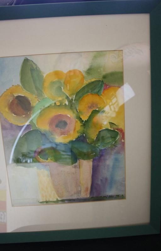 Aquarelle originale - Tournesols dans un pot - encadré