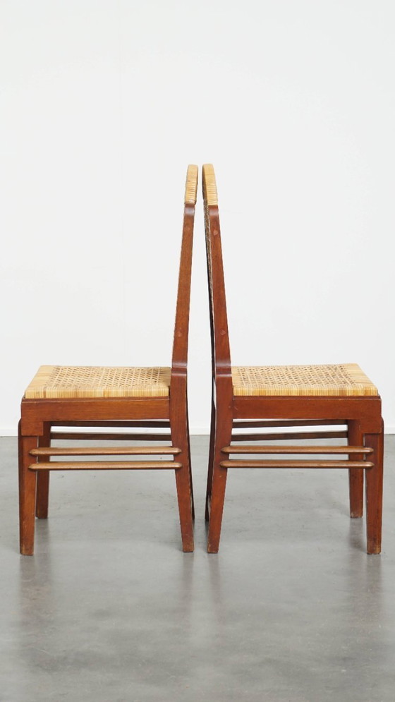 Image 1 of 6 x Sedia da pranzo in legno dal design Art Déco con seduta e schienale in vimini