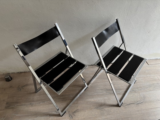 Image 1 of 2x Vintage Lubke Klapstoel Leer Chroom 1970