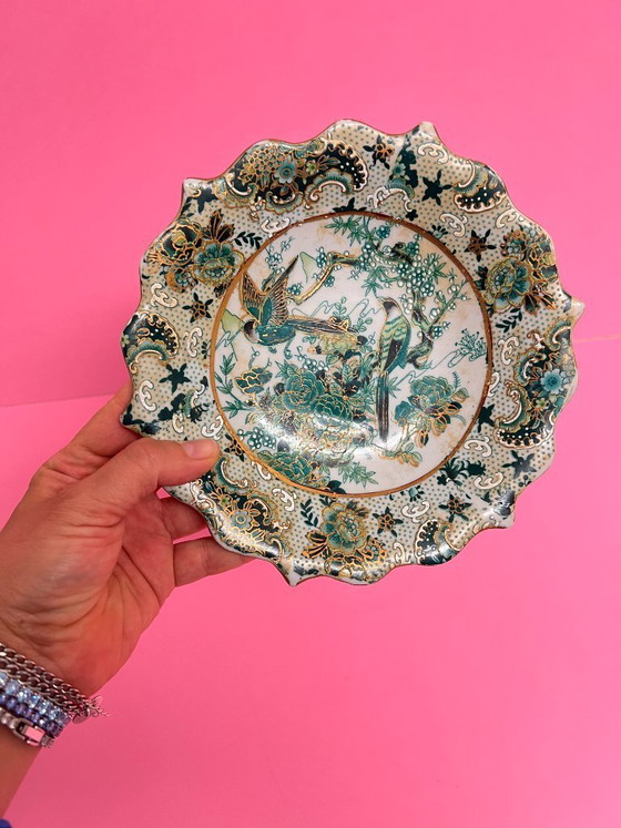 Image 1 of Vintage Satsuma pedestal serving dish, Japanese bird-themed serving dish