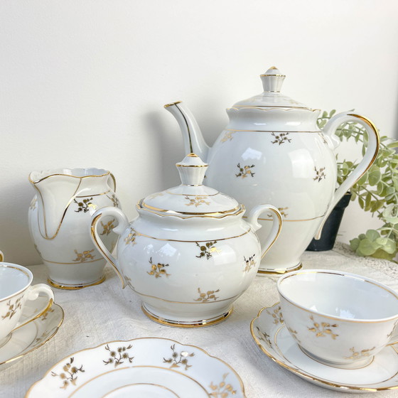 Image 1 of Set da tè/caffè vintage in porcellana bianca con finiture dorate FD Chauvigny