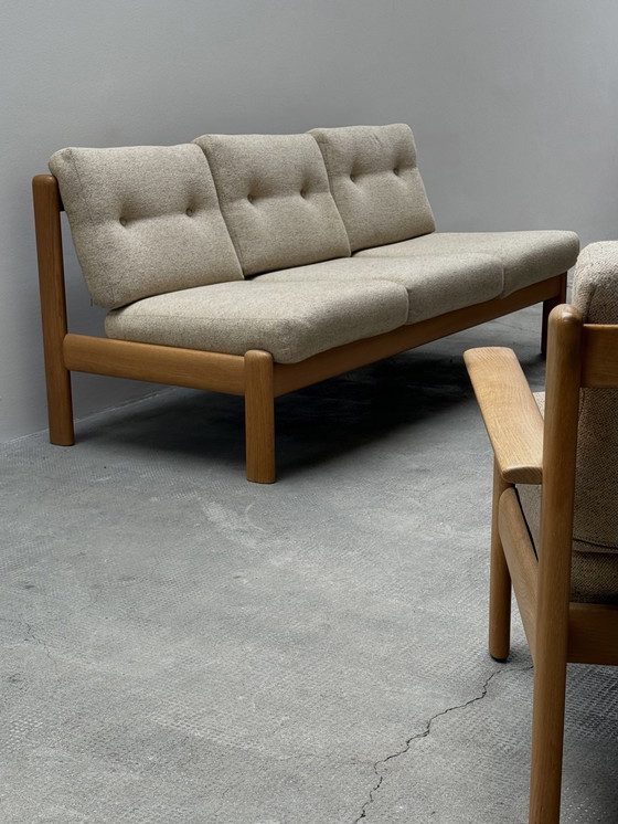 Image 1 of Wilhelm Knoll seating group 3-seater + 2-seater + armchair solid ash wood fabric cream-colored, Germany 1970s