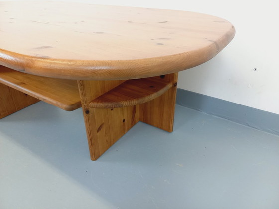Image 1 of Vintage rectangular oval modernist coffee table in solid pine from the 1970s