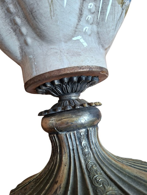 Image 1 of Vintage Hand-Painted Ceramic and Bordeaux Velvet Table Lamp