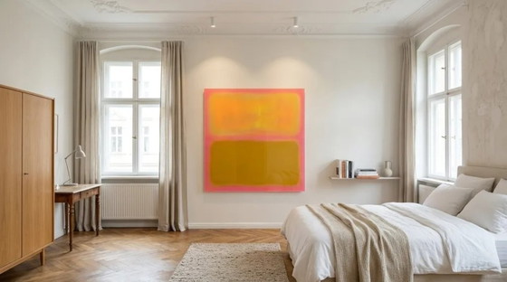 Tentoonstellingsstuk – Abstract kleurveldschilderij in neonroze en -gele tinten | 110 × 110 cm | 5 mm (photo 5 of 6)