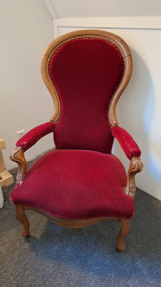 Image 1 of Antiek Biedemeier Fauteuil Bordeaux-Rood