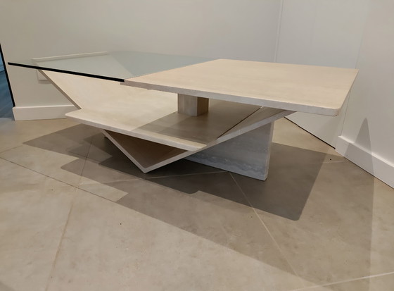 Image 1 of Travertine coffee table with glass