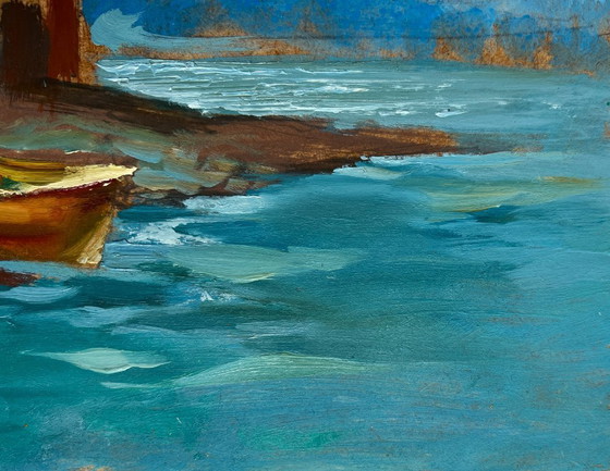 Image 1 of Origineel olieverfschilderij: Stadslandschap aan de kust met stadsboten aan zee.