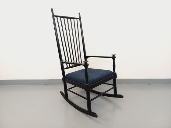 Image 1 of Fauteuil rocking-chair suédois de Karl Axel Adolfsson pour Gemla vintage en bois noir et tissu bouclette des années 50 60