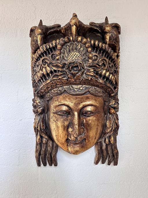 Antiek Hout Handgesneden Groot Masker Beeld