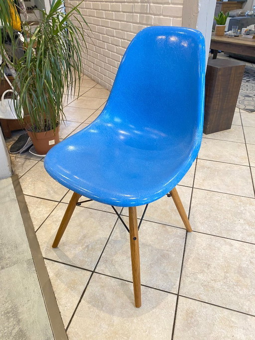 Silla DSW, fibra azul turquesa, roble Dowel, roble claro, Eames Herman Miller, vintage años 50