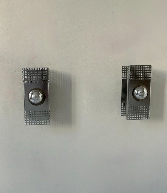 Image 1 of Paar vintage wandlampen, verchroomd metaal, Frankrijk 1970.