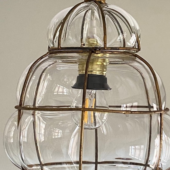 Image 1 of Lampadario in vetro sospeso in gabbia trasparente, stile lanterna veneziana, Murano antico