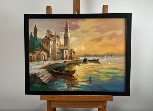 Original Oil Painting Evening City Landscape The flaming evening horizon