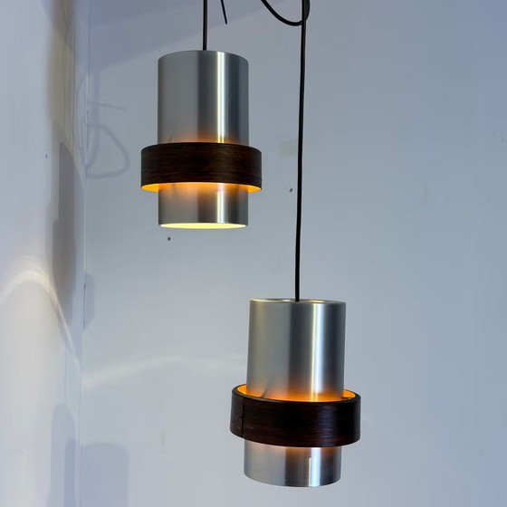Jo Hammerborg, Vintage Pendant lamps with Rosewood ring, Fog & Mørup, Aluminium, Brown, Scandinavian (photo 2 of 14)