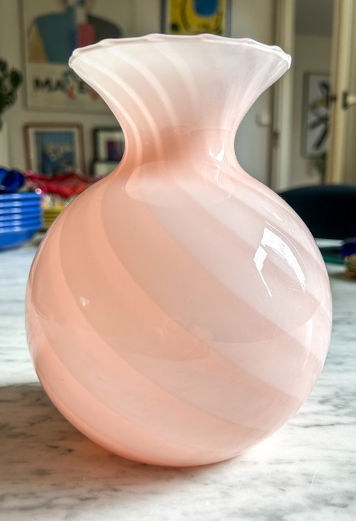 Jarrón vintage de cristal de Murano con forma de espiral, color rosa