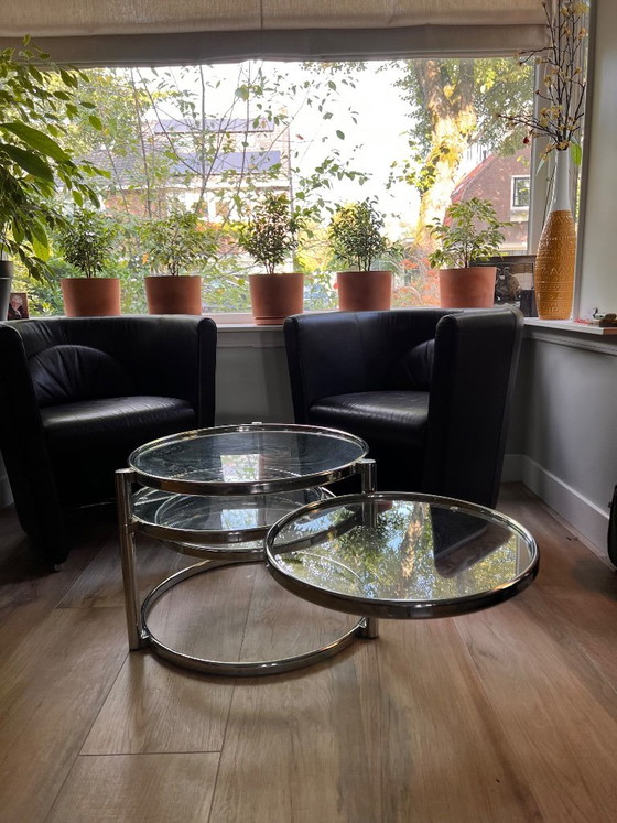 Unique vintage Italian coffee table with chrome frame and four round glass tops. Three outer tops can be (photo 2 of 10)