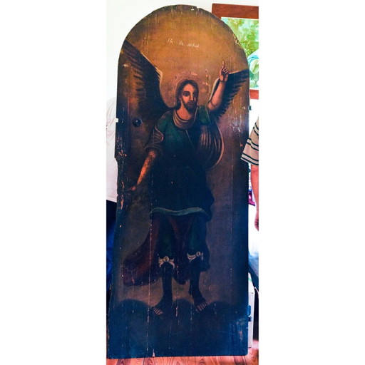 18th Century Eastern European Painting on Wooden Door - Saint Michael