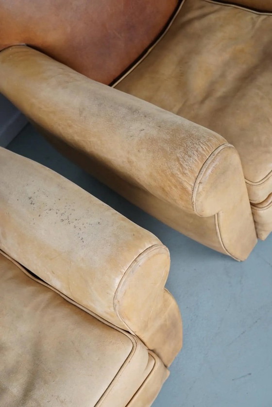 Image 1 of Coppia di poltrone da club francesi in pelle color cognac con schienali a baffo, anni '40