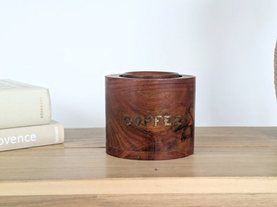 Image 1 of Midcentury Teak Coffee Canister with Brass Inlay Letters, Danish Modern Wooden Storage Jar